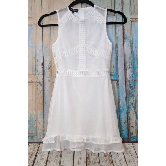 Eilly Bazar Womens Small White Back Zip Sleeveless Ruffle Hem Lace A Line Dress - Picture 1 of 8